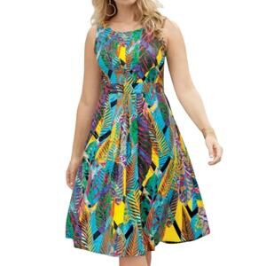 Monroe and Main Tropical Leaf Print Fit and Flare Midi Sundress Size 1X NWT